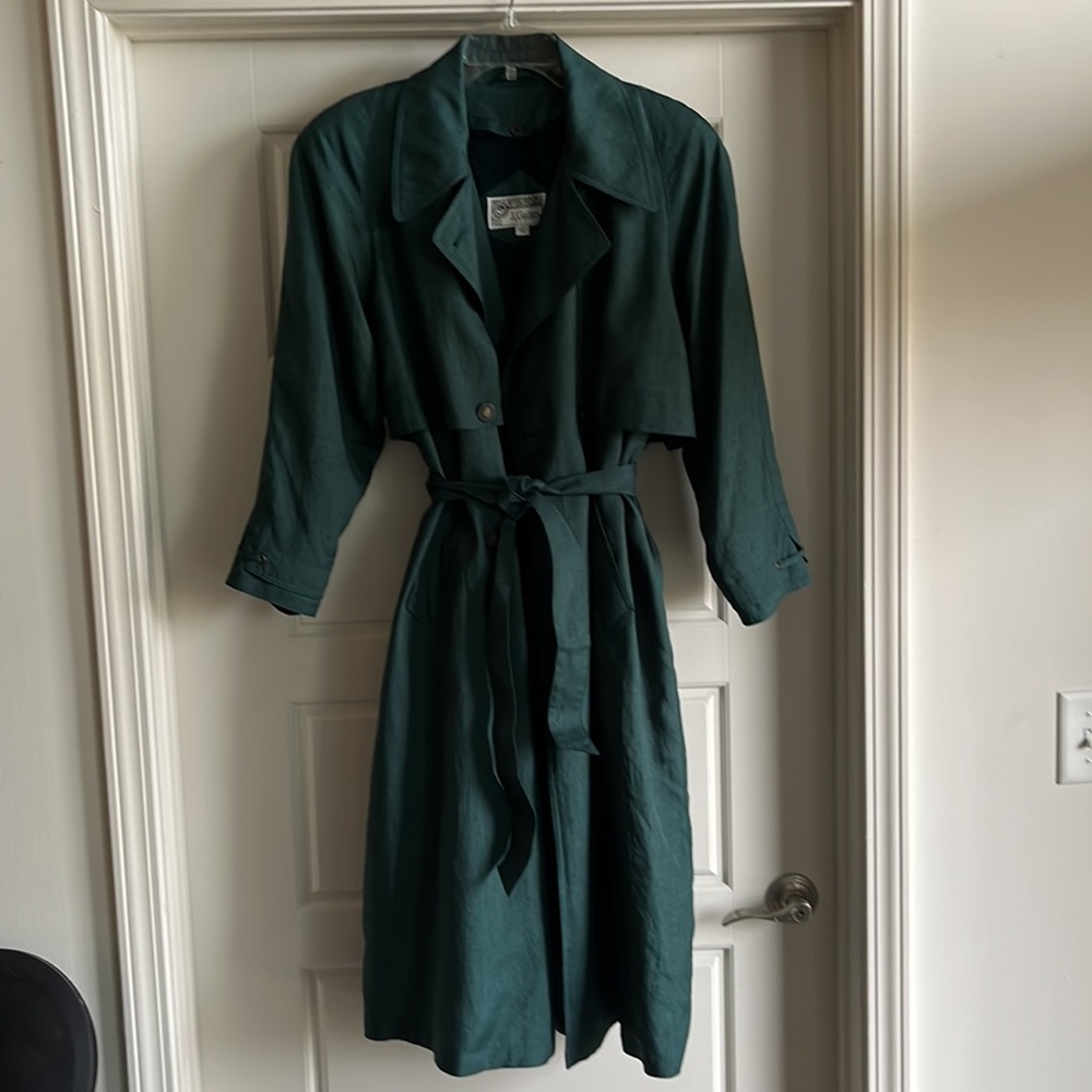 VTG J Gallery Petite Green Trench Coat, sz 12